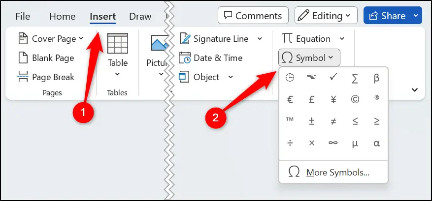 Insert a tick symbol in MS Word using the Ribbon