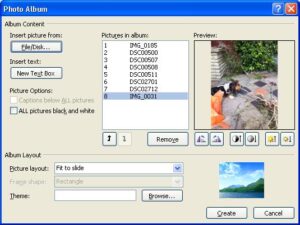 Photo Album dialog box with pictures inserted