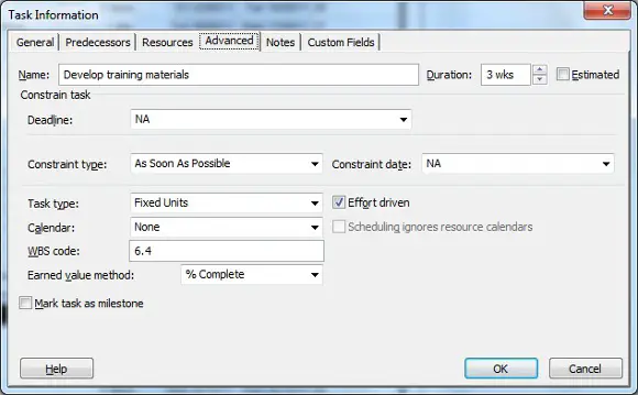 Setting a constraint for a task