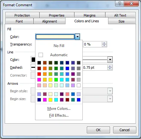Colors and Lines tab of the Format Comment dialog box