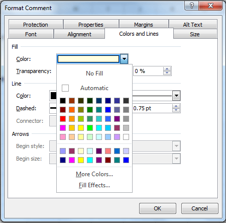 Colors and Lines tab of the Format Comment dialog box