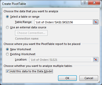 Add data to the data model when inserting a PivotTable