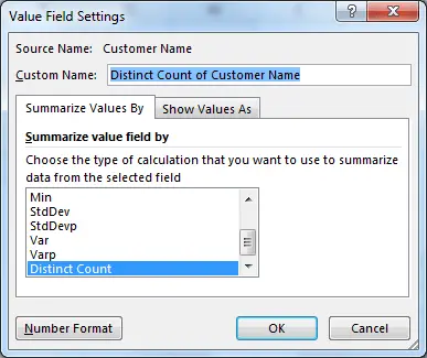 Apply distinct count in Excel PivotTable