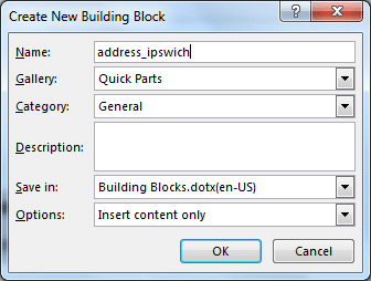 Create a new building block entry in Word
