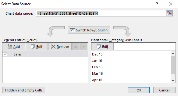 Editing the chart source to use the defined dynamic names