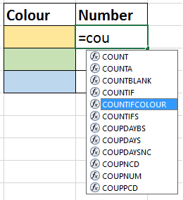 Custom function to count by colour in Excel