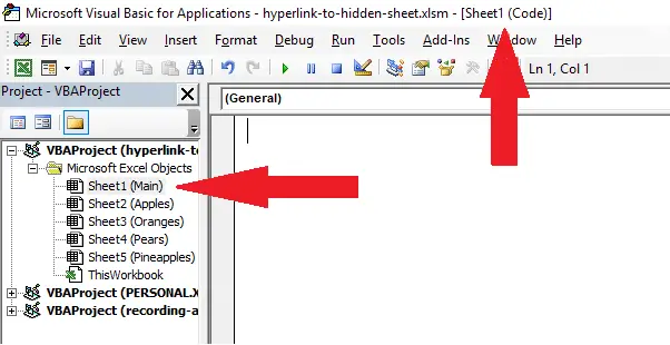 Code window for the sheet containing the hyperlinks