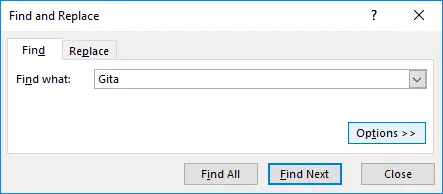 Find and Replace dialog with previous search criteria