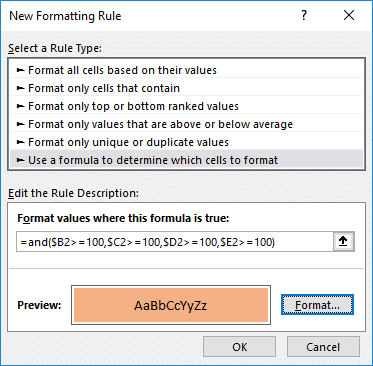 The AND function used in a Conditional Formatting feature.