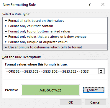 OR function within a Conditional Formatting rule to test if at least one values meets our condition.