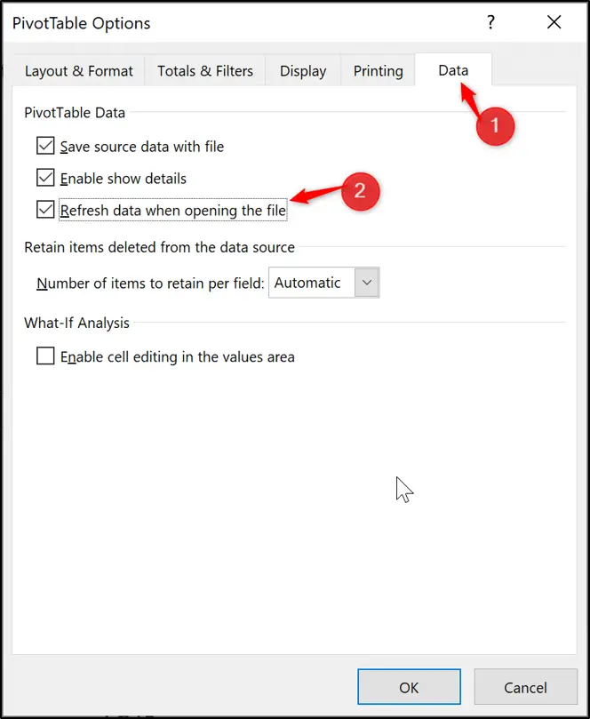 Refresh PivotTable data on opening the workbook default setting