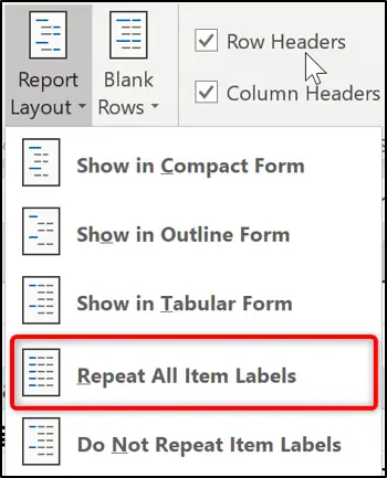 Repeating all the item labels for the rows