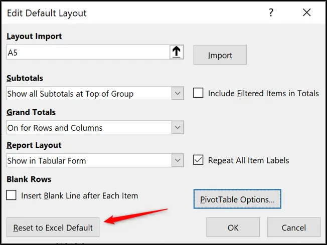 Reset the default settings for the PivotTable