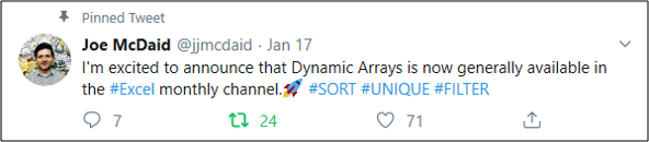 Joe McDaid tweet on dynamic array formulas