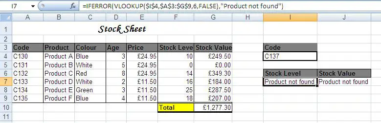 IFERROR function used with the VLOOKUP function