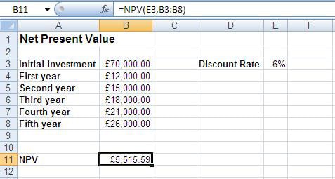 Excel NPV function to return the net present value