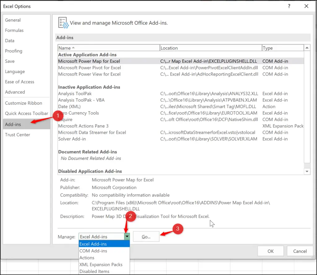 Installing the Power Pivot add-in in Excel