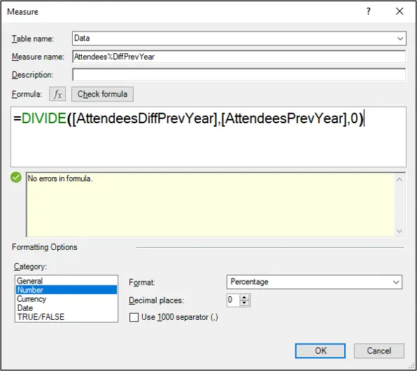 Measure to calculate the percentage difference to previous year