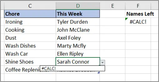 #CALC! error caused by no names in the list