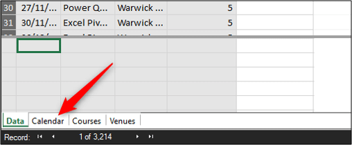 Opening the Calendar table in the Power Pivot data view