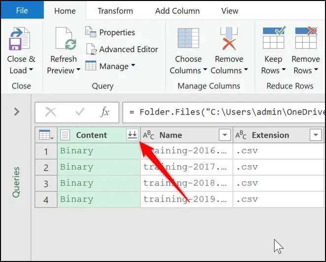 Combine the CSV files using Power Query