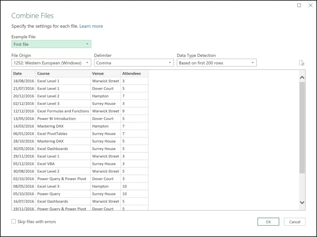 The Combine Files window of Power Query