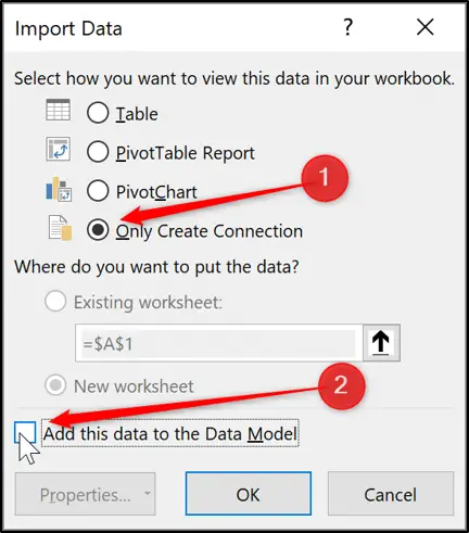 Specifying the data model in the Import Data window