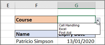 Drop down list of different training courses