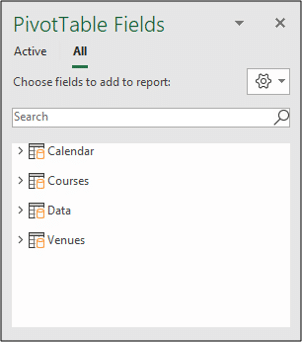 PivotTable field pane with data model tables