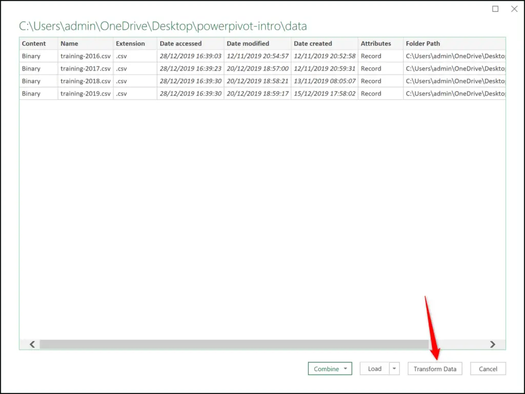 Power Query lists all the files in the folder along with some attributes