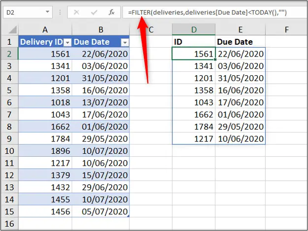 Excel FILTER function to return the due deliveries