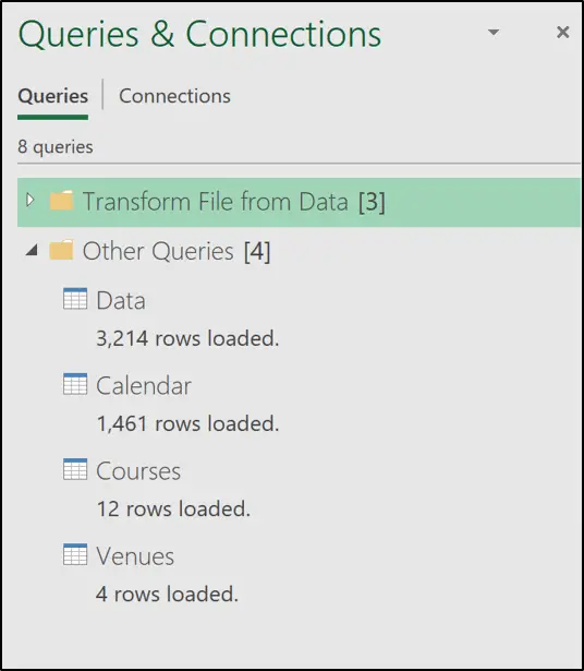 All queries loaded and shown in the Queries & Connections pane