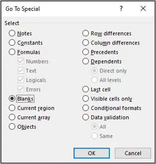 The Go To Special dialog box