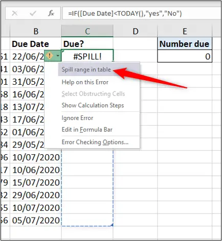 Spill error caused by dynamic array formulas in a table