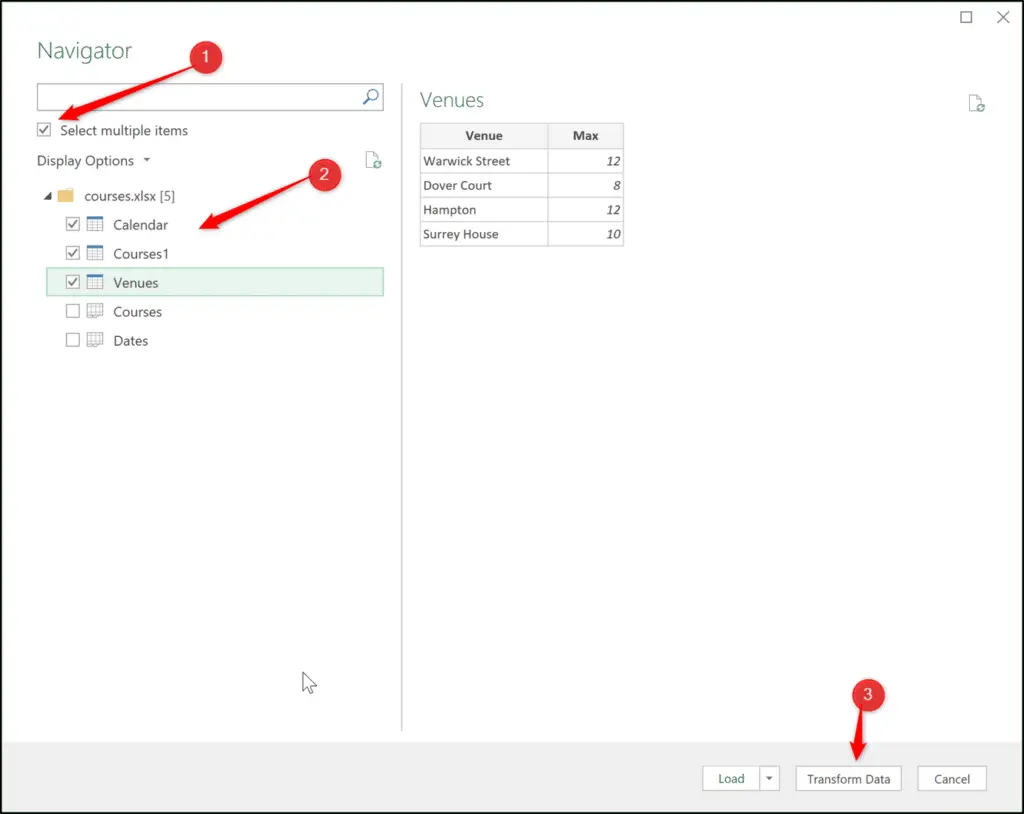 The Navigator window showing the different sheets and tables of the workbook