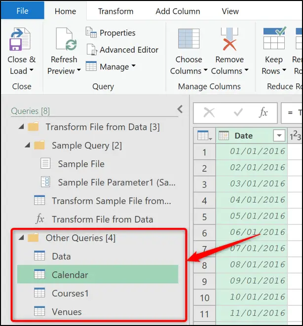 Multiple queries shown in the Power Query Editor