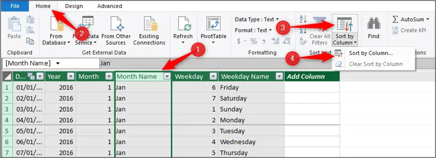 Sort by Column feature of Excel Power Pivot