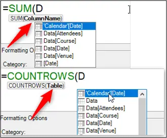 The intellisense menu of DAX formulas