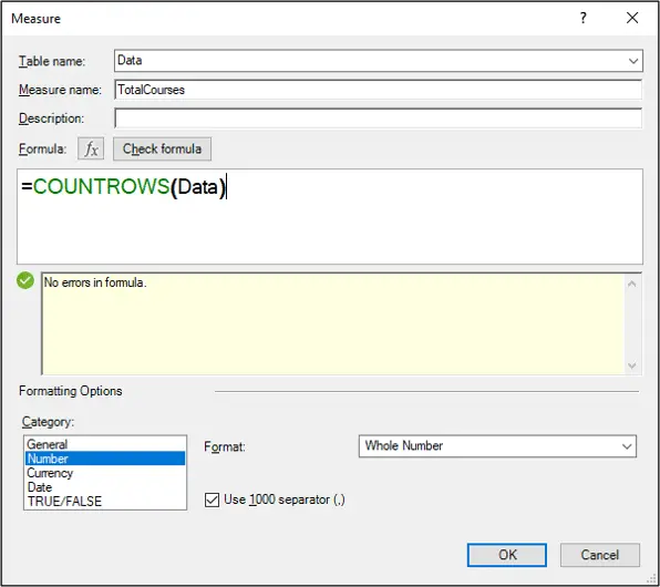 The COUNTROWS function in the Excel Power Pivot Measure window
