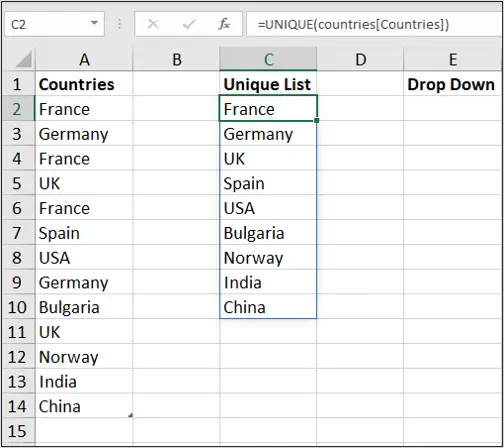 The UNIQUE function to generate a unique list of countries