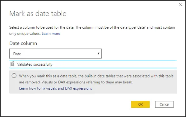 Mark the table as a date table