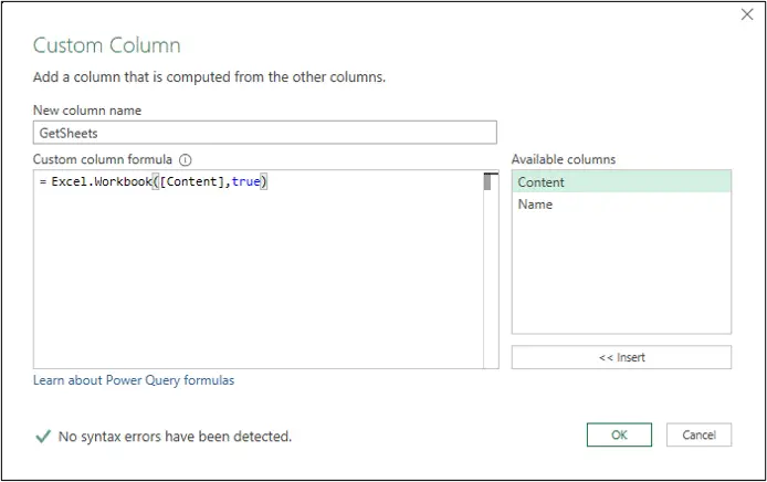 Custom column to extract the sheets from each workbook