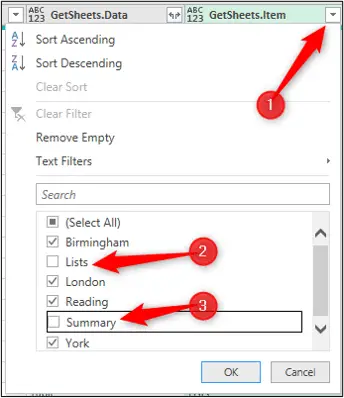 Filter to select the sheets you want to include in the import