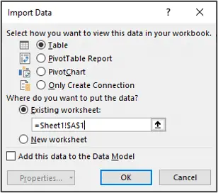 Load data to a table on an existing sheet