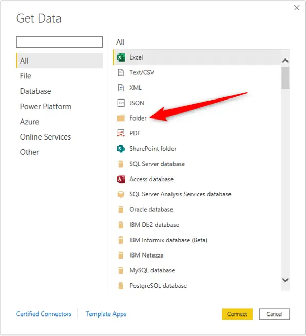 Select the folder connector in Power BI
