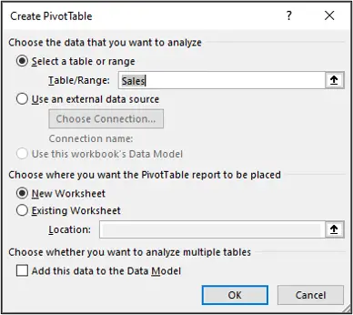 Create a Pivot Table from the sales table on a new worksheet