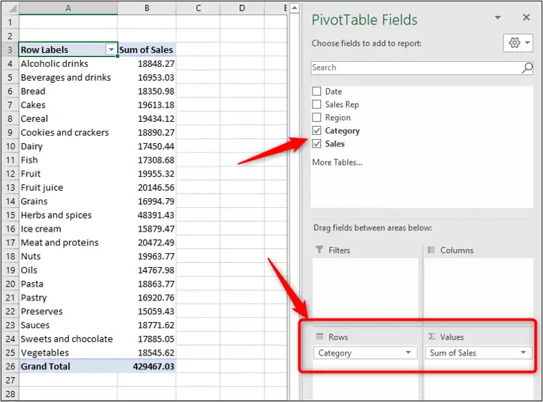 Excel Pivot Table showing sales by product