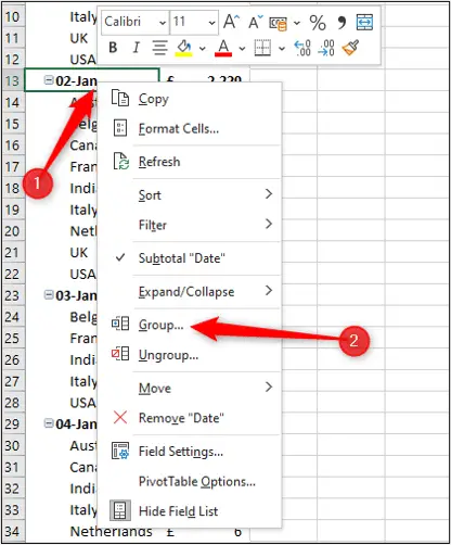 Group data in a Pivot Table