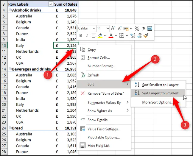 Sort Excel Pivot Tables values largest to smallest