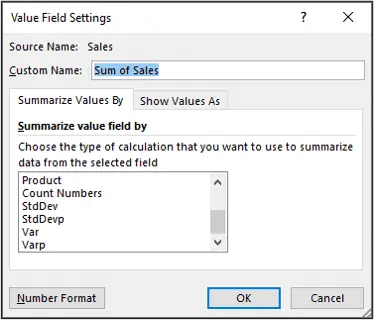 Value Field Settings window for extra calculations